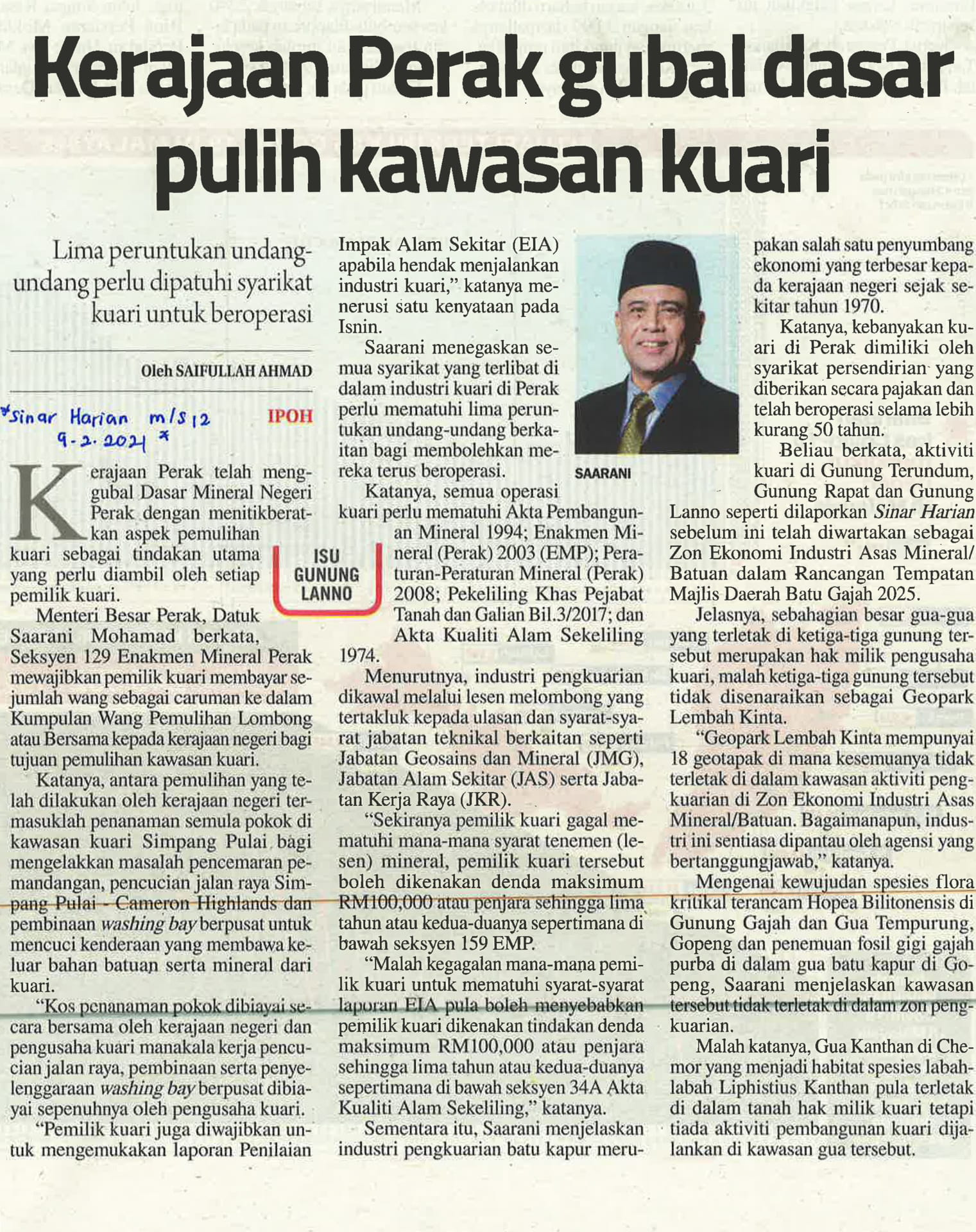 Kerajaan Perak Gubal Dasar Pulih Kawasan Kuari