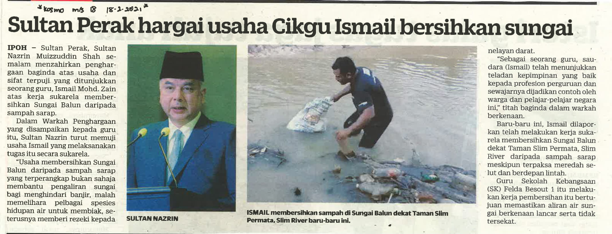 Sultan Perak Hargai Usaha Cikgu Ismail Bersihkan Sungai