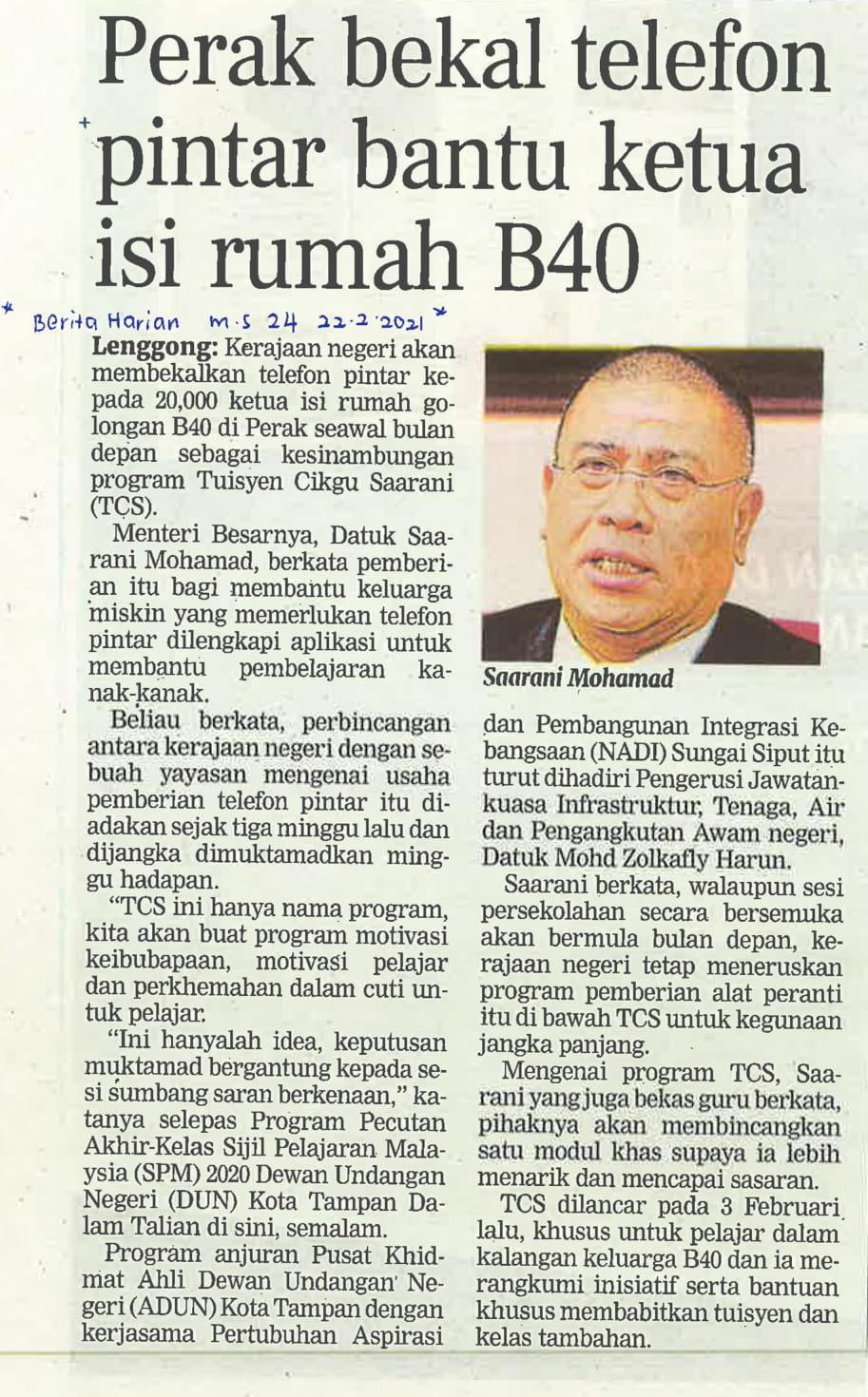 Perak Bekalkan Telefon Pintar Bantu Ketua Isi Rumah B40